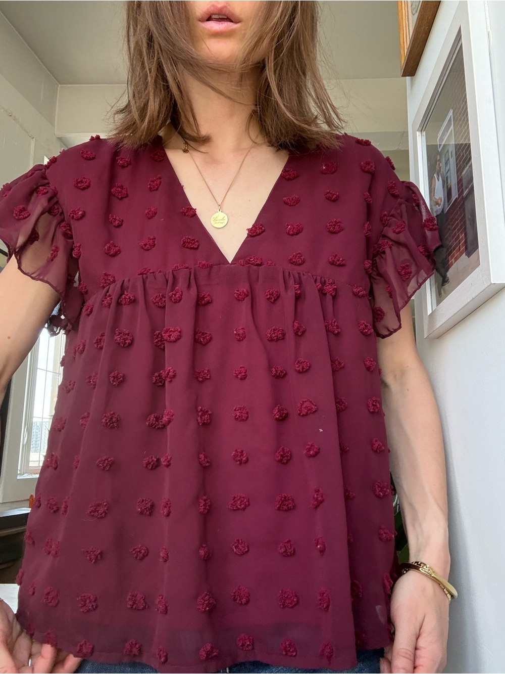 SHEIN Burgundy Pom-Pom V-Neck Flutter Sleeve Blouse